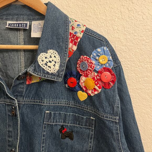 Vintage Handmade OOAK Denim Chore Shirt‎ Jacket XL Cottage Scottie Dog Grandma - Picture 4 of 16